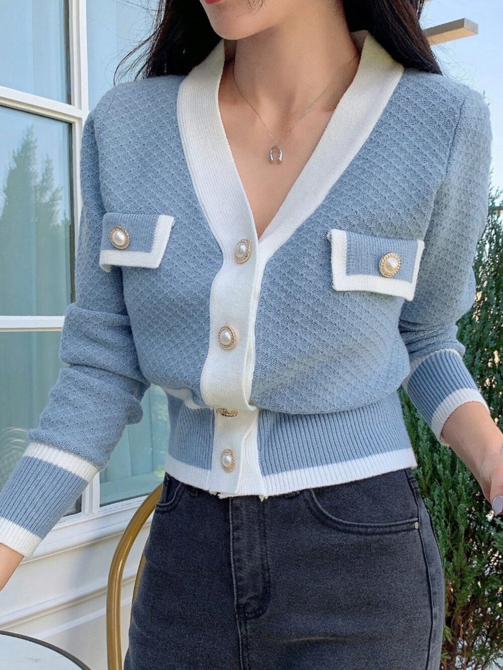 Blue Casual Women's Color Block Trim Cardigan